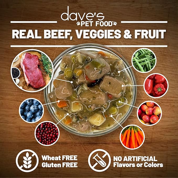 Dave's Pet Food Stewlicious Soft Dog Food Wet (Meaty Beef Stew), Made in USA Canned Topper, Gluten Free, Small to Large Breeds 13.2 oz (12 Pack)