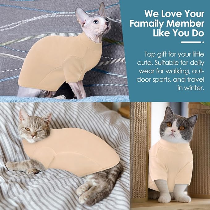 SUNFURA Turtleneck Sweater for Cat, Sphynx Cats Shirt Hairless Cat Sweaters with Sleeves, Warm and Soft Kitten Pullover Fleece Winter Pajamas Jumpsuit for Puppy Cats, LightYellow L