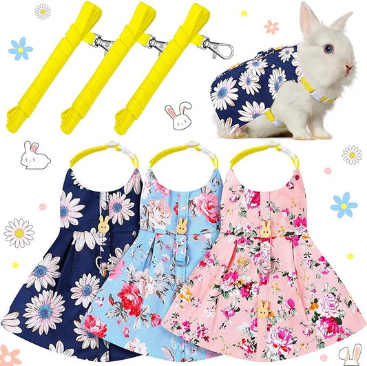 3 Sets Rabbit Bunny Harness and Leash, Cute Easter Bunny Clothes for Rabbits Dress Costume Walking Harness Escape Proof Pet Supply for Hedgehog Ferret Squirrel(Pink Flower, Blue Flower, Daisy)