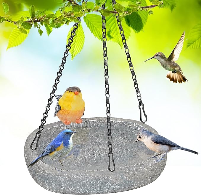 Hanging Bird Bath, Resin Ground Birdbath Feeder Bowl with Vintage Bird Ornament, Garden Birdfeeder Bath for Garden Yard Patio Decor (Ellipses)