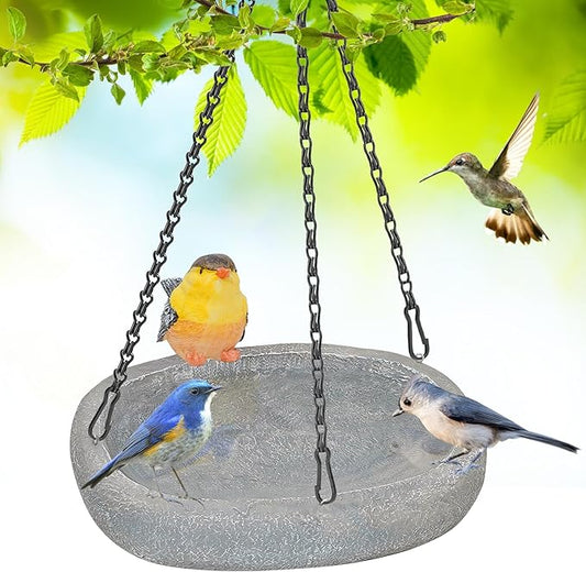 Hanging Bird Bath, Resin Ground Birdbath Feeder Bowl with Vintage Bird Ornament, Garden Birdfeeder Bath for Garden Yard Patio Decor (Ellipses)
