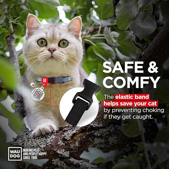 WAUDOG Nylon Cat Collar with Removable Bell and QR ID Tag for Small, Medium and Large Breeds Adjustable Long Lasting Durable Kitten Collars Boy & Girl
