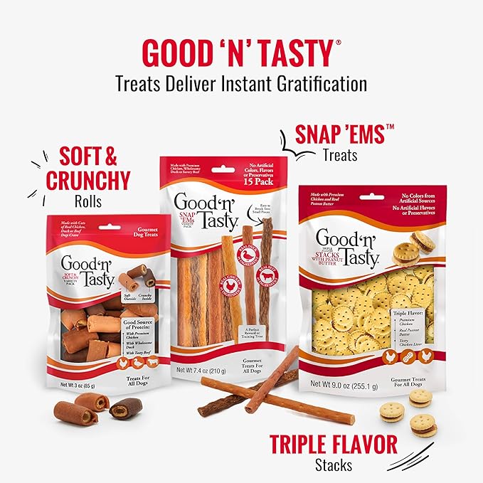 Good 'n' Tasty Triple Flavor Puree Mix-Ins Dog Food Topper Treats for All Dogs, 7 Count, Easy Single-Serve Portions, Added Protein with Tuna, Chicken and Duck