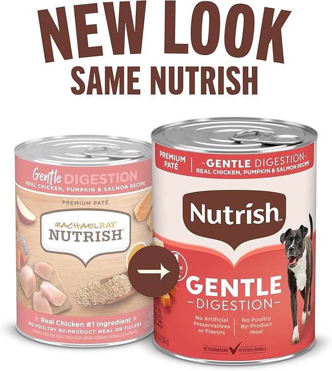 Nutrish Gentle Digestion Premium Paté Wet Dog Food, Real Chicken, Pumpkin & Salmon Recipe, 13 oz. Can, 12 Count (Rachael Ray)