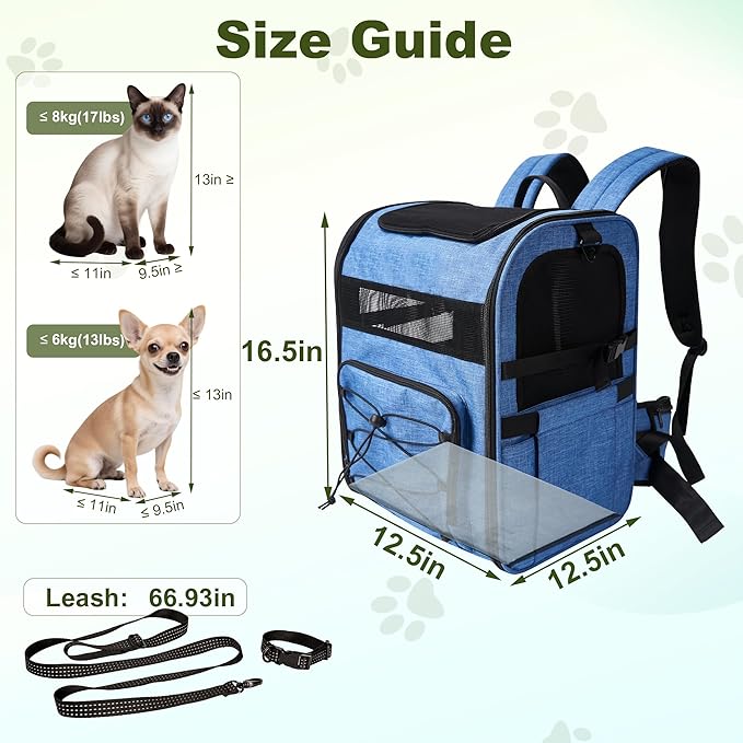 Dog Carrier Backpack for Small Dogs - Breathable Mesh Hiking Bag with Safety Buckle, Adjustable Straps and Standard Pad - Durable for Hiking (Fits Small Cats Too, Up to 17lbs, Blue)