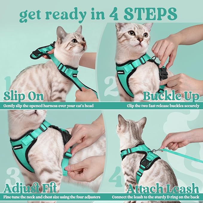 rabbitgoo Cat Harness and Leash for Walking, Escape Proof Soft Adjustable Vest Harnesses for Cats, Easy Control Breathable Reflective Strips Jacket, Emerald, XS