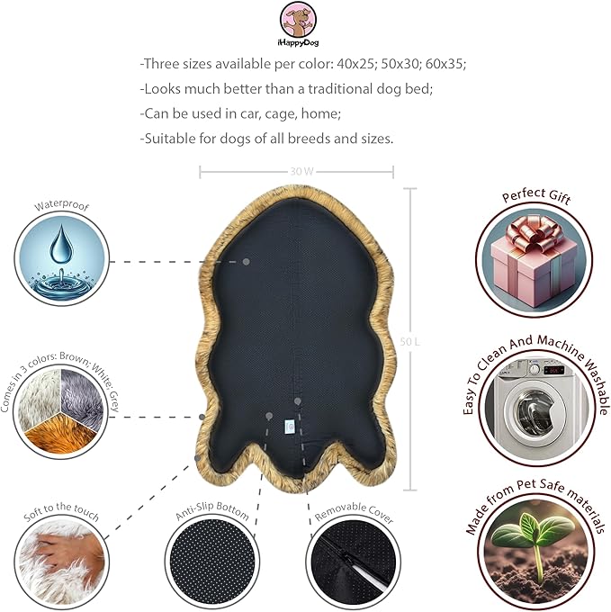 IHAPPYDOG Luxury Faux Fur Orthopedic Dog Bed, Memory Foam Dog Bed for Small, Medium, Large and XL Pets, Fluffy Pet Bed with Waterproof and Washable Cover (Brown, 50"x30")