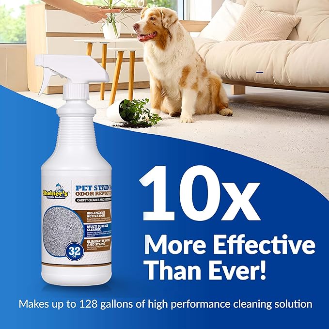 Sheiner's Pet Stain Remover & Pet Odor Eliminator, Advanced Cleaning Bio-Enzyme Cleaner Solution for Carpets, Rugs, Upholstery & Multi-Surfaces, Safe for Pets & Kids. (32 oz)