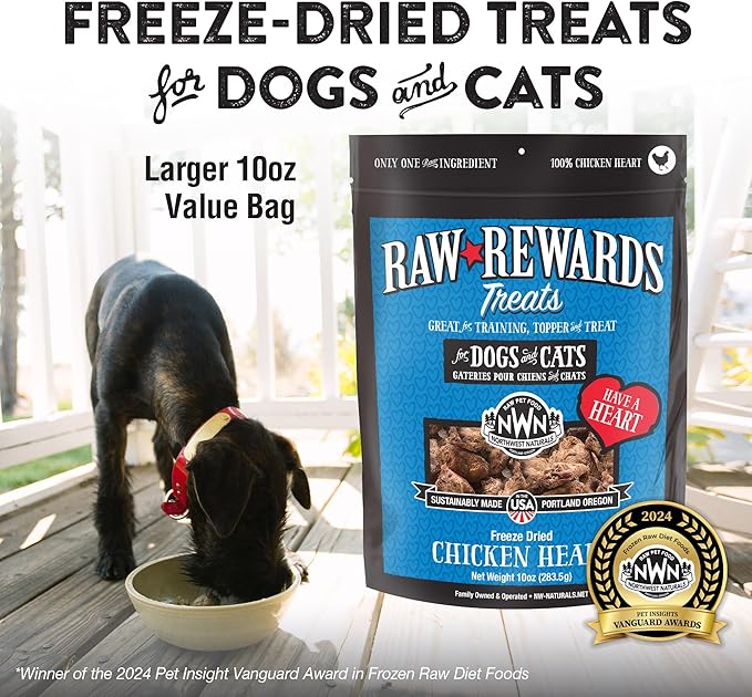 Northwest Naturals Raw Rewards Freeze-Dried Chicken Heart Treats for Dogs and Cats - Bite-Sized Pieces - Healthy, 1 Ingredient, Human Grade Pet Ingredients, Natural, Made in USA, 10 Oz (Pack of 3)