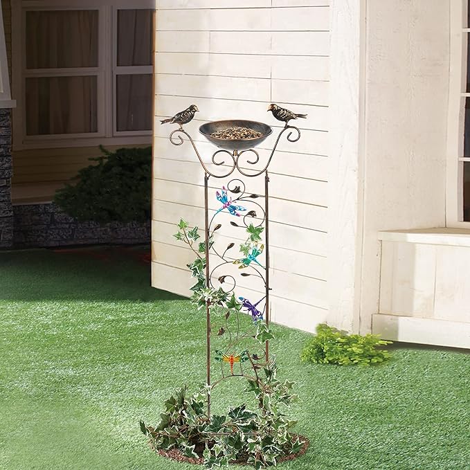 SUNNYPARK Bird Bath with Trellis Outdoor, Antique Garden Iron Plant Trellis with Decorative Dragonfly Detachable Bird Bath Bowl Metal Potted Plant Support for Climbing Flowers