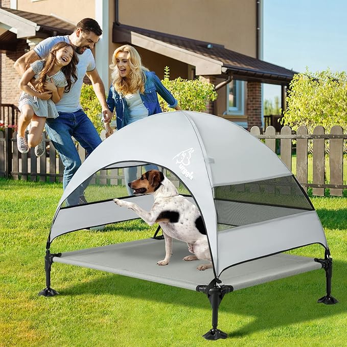 Upgraded Elevated Dog Bed with Canopy, Portable Raised Outdoor Dog Bed with Stable Anti-Slip Feet, Removable Wider Shade, Raised Dogs Cot for Large Pets Camping, Indoor & Outdoor Use