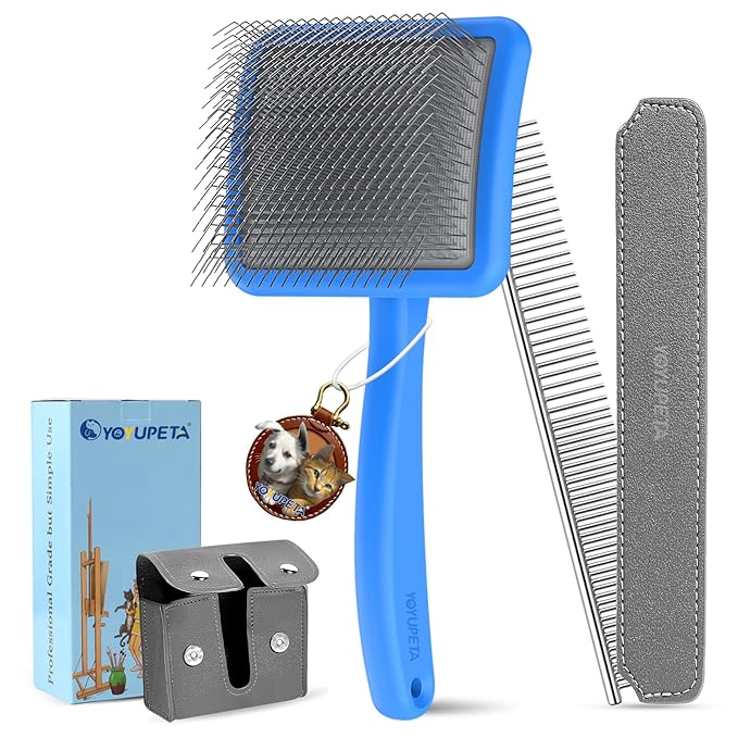 Large Dog Slicker Brush & Comb Set with Leather Sleeves - Long Pin Deshedding Brush for Golden Retrievers, Poodles, Doodles & Thick Coats, Wood Handle Pet Grooming Kit for Dogs, Cats. Blue