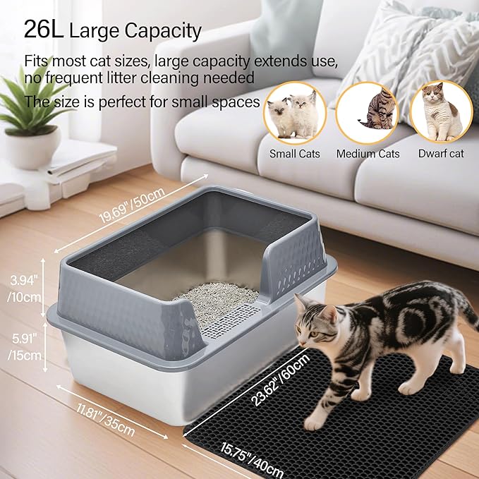 Large Stainless Steel Cat Litter Box with lid Cover Mats Scooper Small High Sided Enclosed Metal Kitty Litter Box for Kittens or Senior Cats with Grey Enclosure