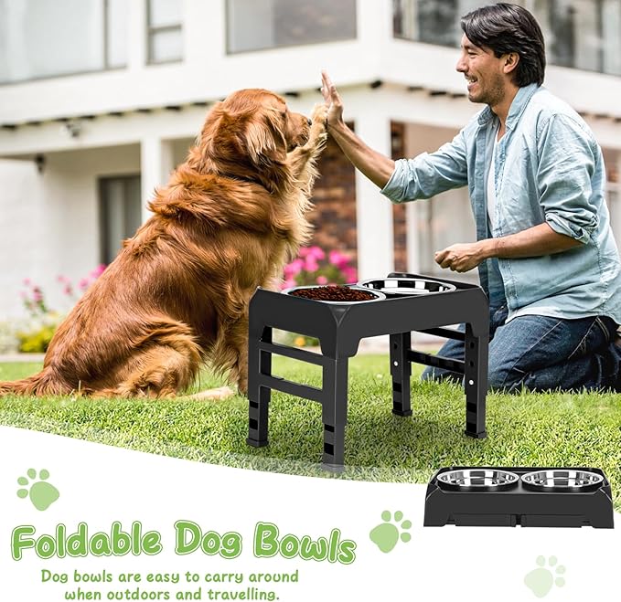 Elevated Bowls with Adjustable Heights - Raised Stand with 2 Stainless Steel Food Bowls, Non-Slip Foldable Feeder for Medium Large Dogs, Adjusts to 12.36", 10.75", 9.2", 3.7", Black