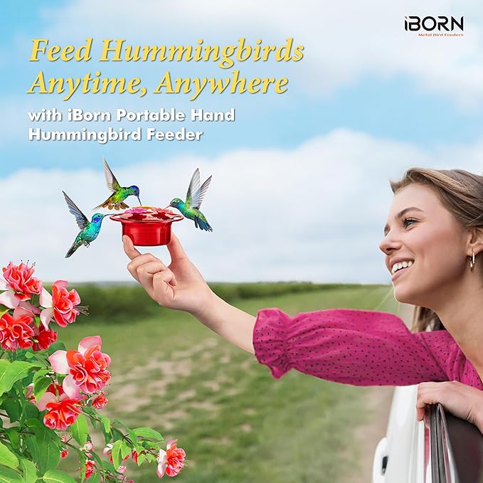 iBorn Handheld Hummingbird Feeders for Outdoors, Hummingbird Hand Feeder 3OZ Mini Bird Feeders for Outdoors,3 Bee Guard Feeding Ports, Silicone Flower, Red (Set of 1)