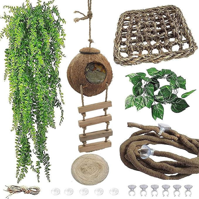 5PCS Coconut Hut for Gecko, Lizard Coco Den with Ladder and Reptile Hammock Bearded Dragon Tank Accessories Climbing Hanging Plants Jungle Vine Flexible Reptile Leaves Decor