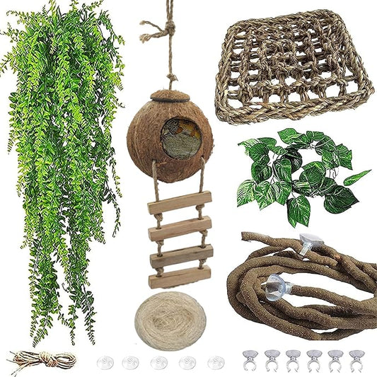 5PCS Coconut Hut for Gecko, Lizard Coco Den with Ladder and Reptile Hammock Bearded Dragon Tank Accessories Climbing Hanging Plants Jungle Vine Flexible Reptile Leaves Decor