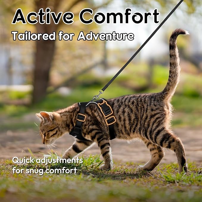 Dooradar Cat Harness and Leash Set, Escape Proof Safe Adjustable Kitten Vest Harnesses for Walking, Easy Control Soft Breathable Mesh Jacket with Reflective Strips for Cats, Black, M