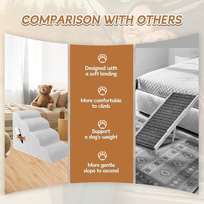 Romrol Dog Stairs Ramp for Beds Couches, Extra Wide Pet Steps with Durable Non-Slip Waterproof Fabric Cover, Dog Slope Stairs for Small Dogs and Cats or Pets Friendly, 4-TiersLight Grey
