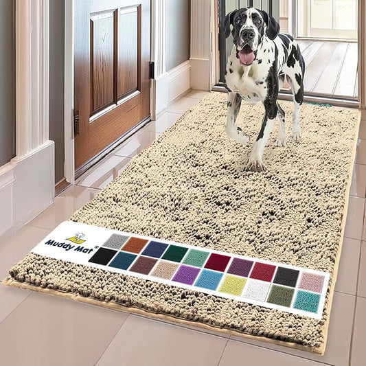 Muddy Mat® AS-SEEN-ON-TV Highly Absorbent Microfiber Door Mat and Pet Rug, Non Slip Thick Washable Area and Bath Mat Soft Chenille for Kitchen Bathroom Bedroom Indoor and Outdoor - Beige 35" x 60"
