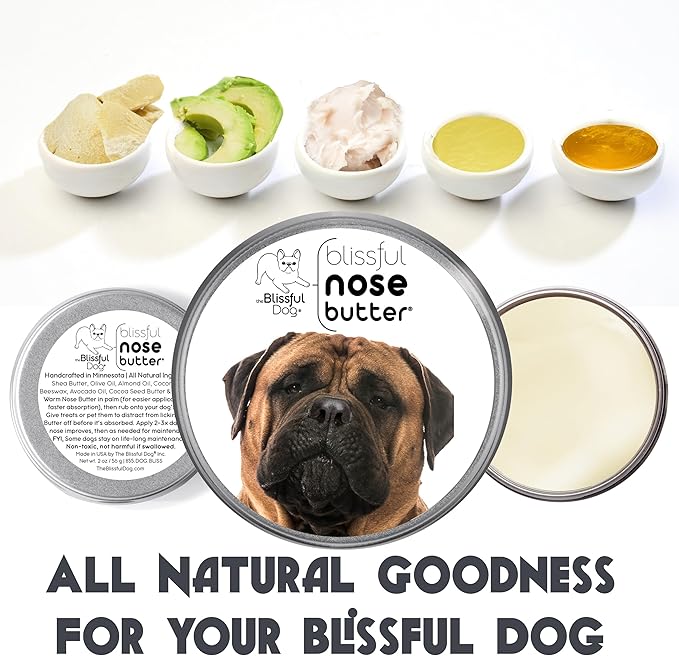 The Blissful Dog Bullmastiff Nose Butter for Dry, Cracked Skin, Lick-Safe Dog Nose Balm with Moisturizing Shea Butter, Almond, Olive, and Essential Oils, Pet Supplies, Uncented, 8 oz.