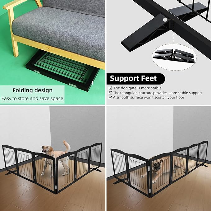 ZJSF Freestanding Dog Fence Indoor, Foldable Dog Gate for Doorways, Stairs or Hallways, Sturdy Wood Extra Wide Pet Gate with Support Feet for The House, Black, 24 "Height-6 Panels