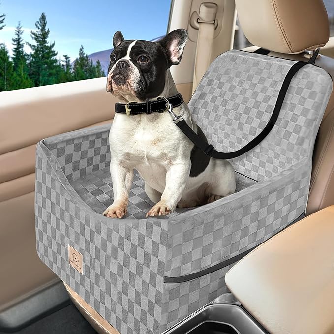Dog Car Seat for Small and Medium Dogs Up to 35 lbs –Memory Foam Dog Booster Seat with Safety Leash & Storage Pockets, Fits Front & Back Car Seats, Removable Washable Cover – Gray