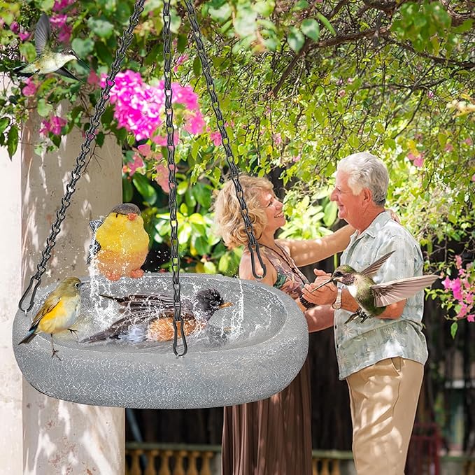 Hanging Bird Bath, Resin Ground Birdbath Feeder Bowl with Vintage Bird Ornament, Garden Birdfeeder Bath for Garden Yard Patio Decor (Ellipses)