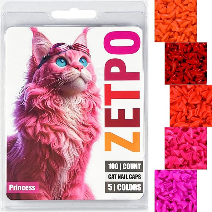 zetpo 100 pcs Cat Nail Caps | Cat Claw Covers | with Adhesives and Applicators (S, Orange, Red, Neon Red, Bright Pink, Rose)
