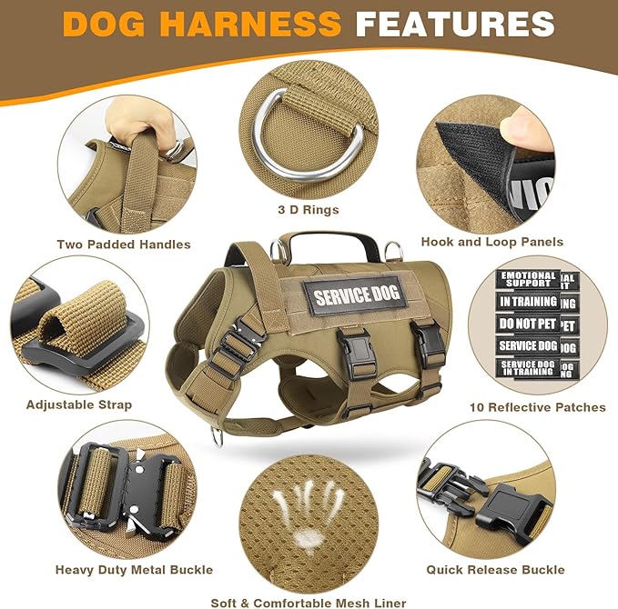 WINSEE Tactical Dog Harness with Dog Leash, Service Working MOLLE Vest with 10 Pet Patches for Large Dog, No Pull Military Harness and Backpack for Training Hunting Walking