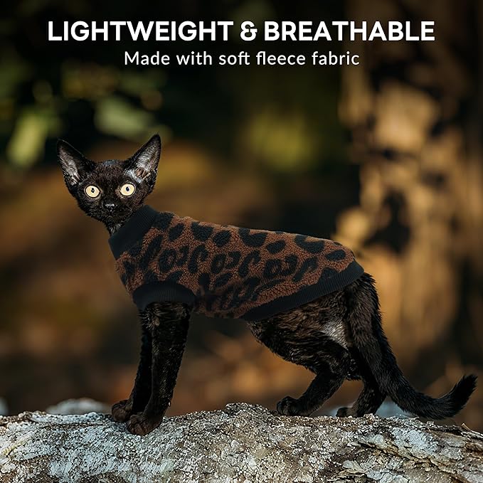 PUMYPOREITY Winter Warm Cat Sweater - Super Soft & Elastic Knit with Plush Fleece, Easy-On Design with Ribbed Neck & Cuffs, Stretchy Cat Outfit for Indoor/Outdoor Use,Brown, L