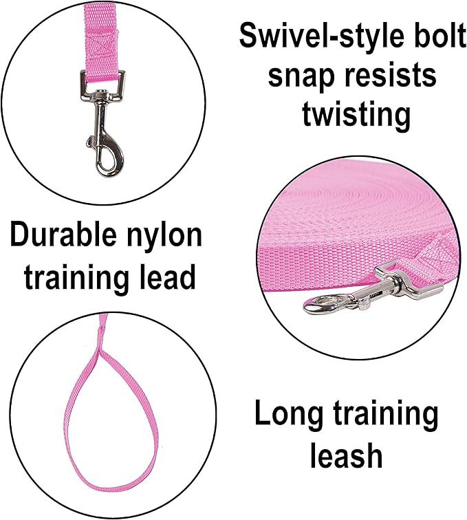 Hi Kiss Dog/Puppy Obedience Recall Training Agility Lead - 15ft 20ft 30ft 50ft 100ft Training Leash - Great for Training, Play, Camping, or Backyard - Pink 50ft