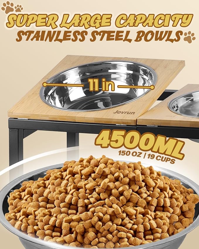 Elevated Dog Bowls Large Breed with Mat, 15"-20.5" H 4500ML Raised Dog Bowls for Large XL Dogs, Bamboo Bowl Elevated with Stainless Steel Bowl, Metal Stand Adjustable Dogs Feeder