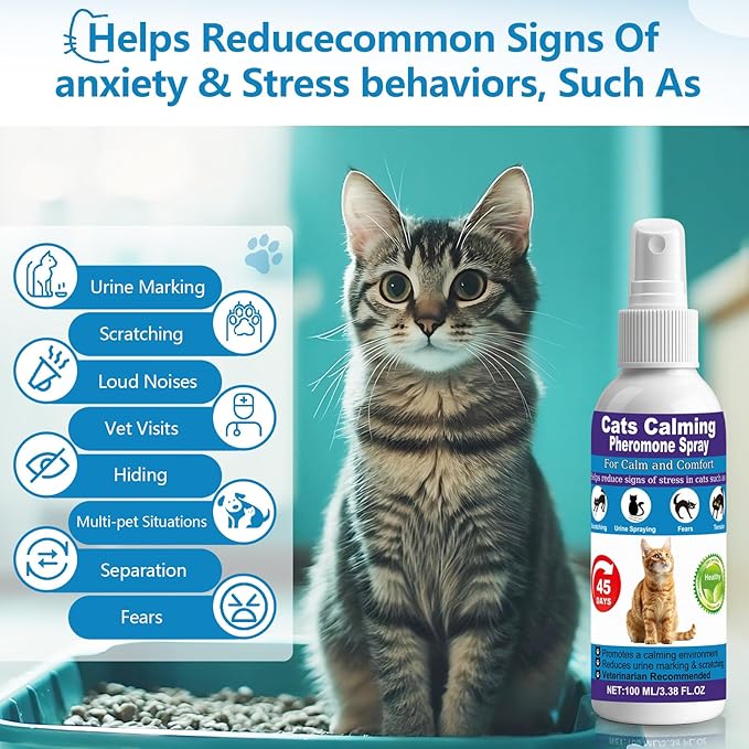 【𝐇𝐢𝐠𝐡𝐥𝐲 𝐄𝐟𝐟𝐞𝐜𝐭𝐢𝐯𝐞】Cat Calming Pheromone Spray for Stress & Anxiety Relief – Reduces Scratching, Urine Spraying, Hiding – Drug-Free & Vet Recommended – with F3 Facial Pheromone 6.76oz
