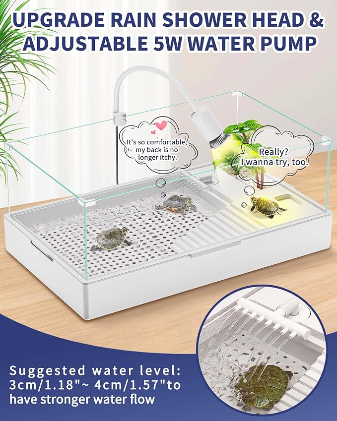 Large Turtle Tank Kit(Tank + Light + Water Pump), Acrylic Turtle Tank Starter Kit with Two Rain Shower Head, Adjustable 5W Water Pump, Higher Fences (Kit-L)