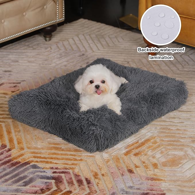 Bedfolks Waterproof Dog Crate Pad, Plush Dog Kennel Bed with Removable Cover, Faux Fur, Washable, 21"x13", Dark Grey