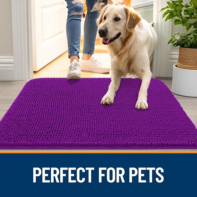 OLANLY Dog Door Mat for Muddy Paws 59x20, Absorbs Moisture and Dirt, Absorbent Non-Slip Washable Doormat, Quick Dry Chenille Mud Mat for Dogs, Entry Indoor Entryway Carpet for Inside Floor, Purple
