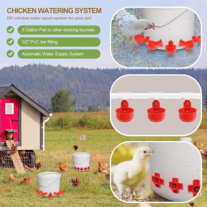18PCS Poultry Watering Cups,Automatic Chicken Water Cups,Chickens Waters Nipples,DIY Chicken Watering System with Tee Fittings and Drill for Chicken,Duck,Goose,Bird and Other Kinds of Poultry