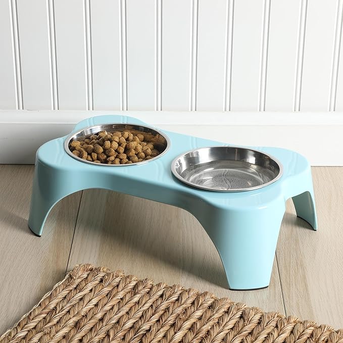 Gibson Home Bow Wow Meow 3-Piece Elevated Dog Bowl Set – Bone-Shaped Raised Feeder with 2 Stainless Steel Bowls for Medium to Large Dogs, Non-Slip, Easy to Clean, Teal
