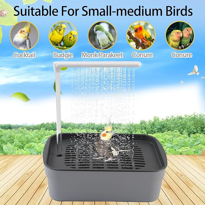 PINVNBY Automatic Bird Bath Shower for Cage,Parrot Bath Box with Pump,Parakeet Bathtub Electric Fountain Circulating Water Contains USB Power Plug for Cockatiel Lovebird Conure Budgie(Gray)