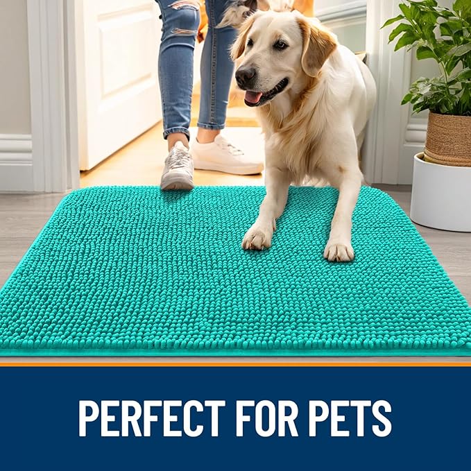 OLANLY Dog Door Mat for Muddy Paws 59x24, Absorbs Moisture and Dirt, Absorbent Non-Slip Washable Doormat, Quick Dry Chenille Mud Mat for Dogs, Entry Indoor Entryway Carpet for Inside Floor, Teal