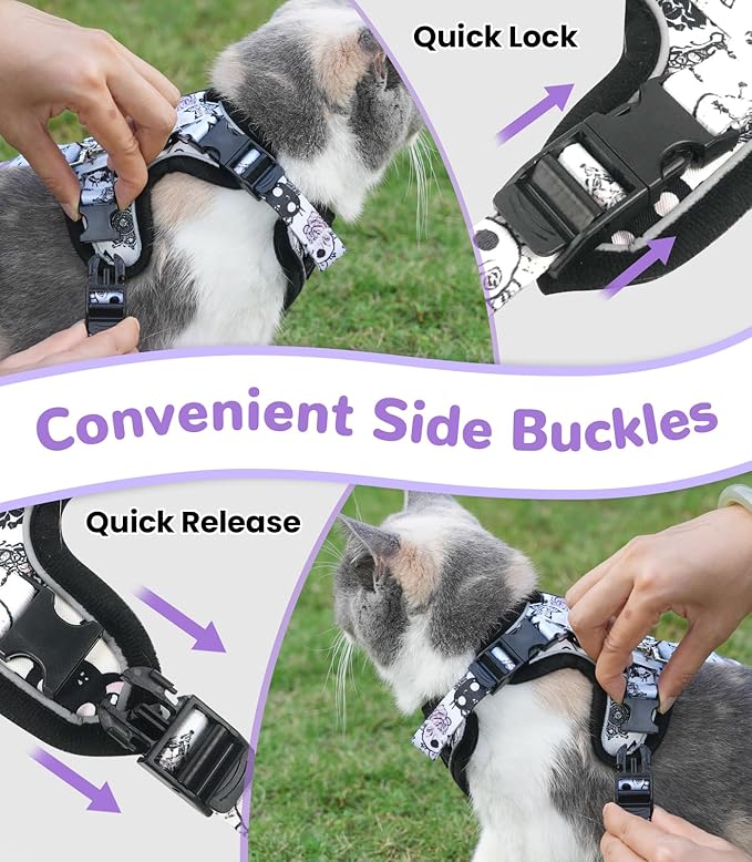 Halypet Cat Harness and Leash Set for Walking, Escape Proof Adjustable Vest Harness with 3-in-1 Integrated Buckles, Easy Control Soft Breathable Mesh with Reflective Strips for Cats, XS,Moonlight Meow