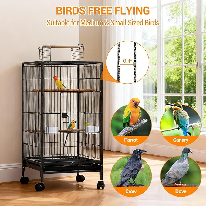 GarveeHome Small Bird Cage with Wheels, 40 Inch Parakeet Cage with Top Stand, Portable Bird Carrier for Parakeets, Canaries, Lovebirds, Small Quaker, Cockatiels, Budgie, Green Cheek