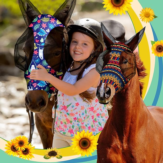 Qualirey12 Pieces Horse Fly Mask Bulk Comfortable Elasticity Mask for Horses with Ears Net UV Protection Breathable Horse Supplies Face Covering for Horse Pony and Foal (Geometric Patterns, Large)