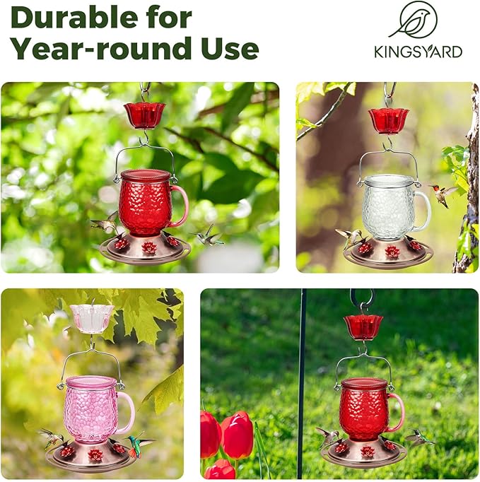 Kingsyard Glass Hummingbird Feeders for Outdoors, 16 Oz Wild Bird Feeder 6 Feeding Ports & Ant Moat Included, Hanging Bird Nectar Feeder for Garden Tree Yard Outside Decoration, Clear