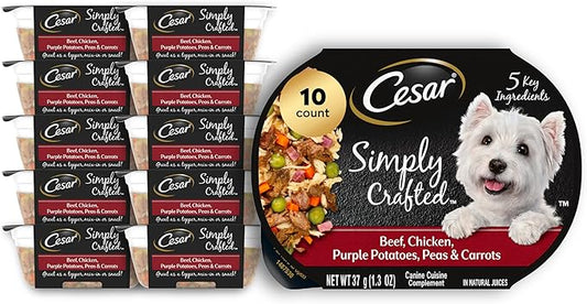 Cesar Simply Crafted Adult Wet Dog Food Meal Topper, Beef, Chicken, Purple Potatoes, Peas & Carrots, 1.3oz. (10 Count, Pack of 1)