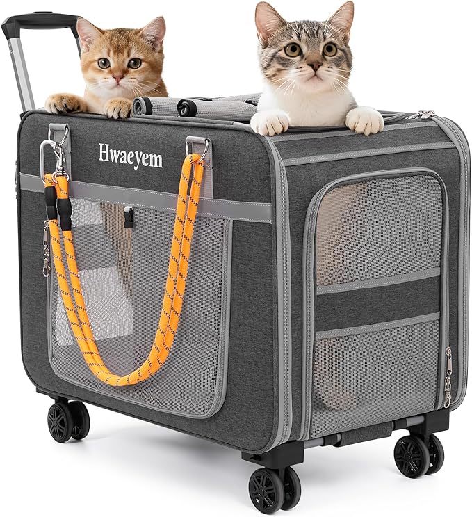 Extra Large Cat Carrier for 2 Cats with Wheels, 24" X 15" X 17" Dual-Compartment Cat Car Travel Carrier, Breathable Rolling Dog Carriers for Small Dogs with Zipper Locks, Light Gray