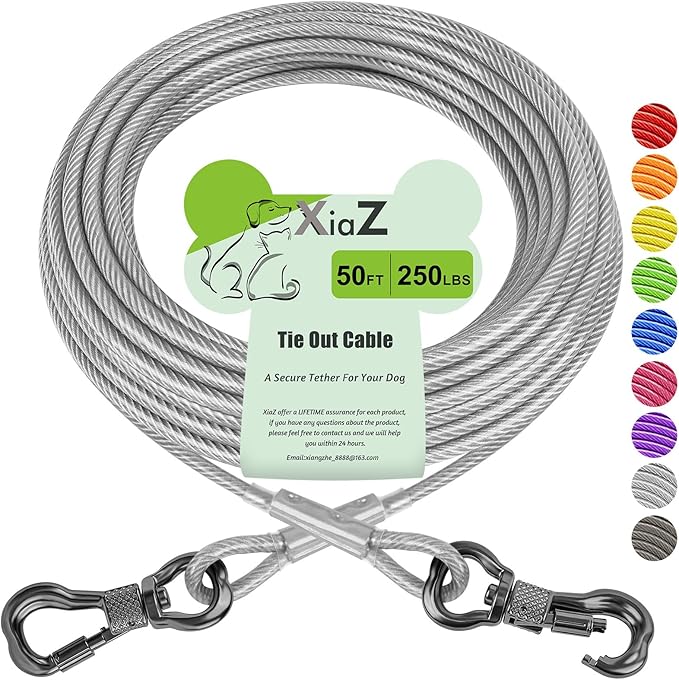 XiaZ Dog Tie Out Cable 50ft, Outdoor Runner Lead Chain Tether for Small Medium Large Dogs, 5mm Diameter Cable,11000 lbs Break Strength, Reflective Silver