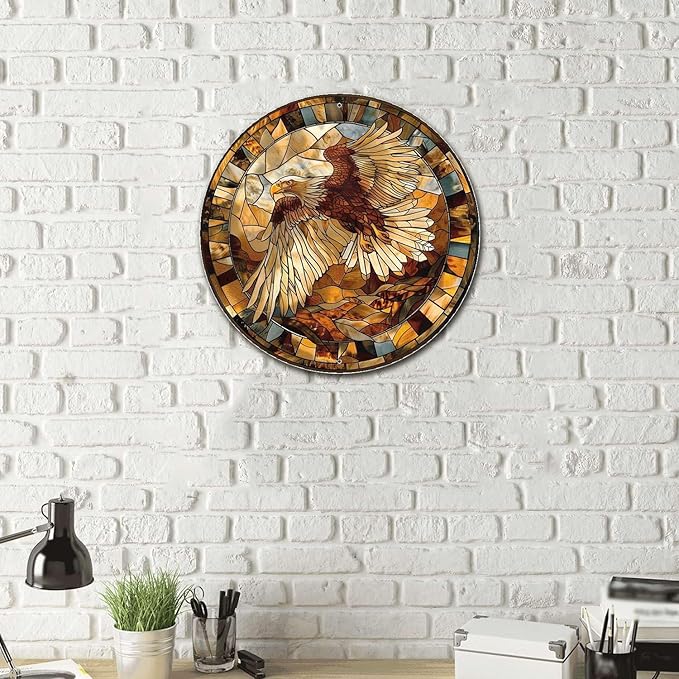 Lygond Metal Sign Tin Sign Circular Stained Glass Eagle Funny Gardening Gift For Restaurant 8×8 Inches