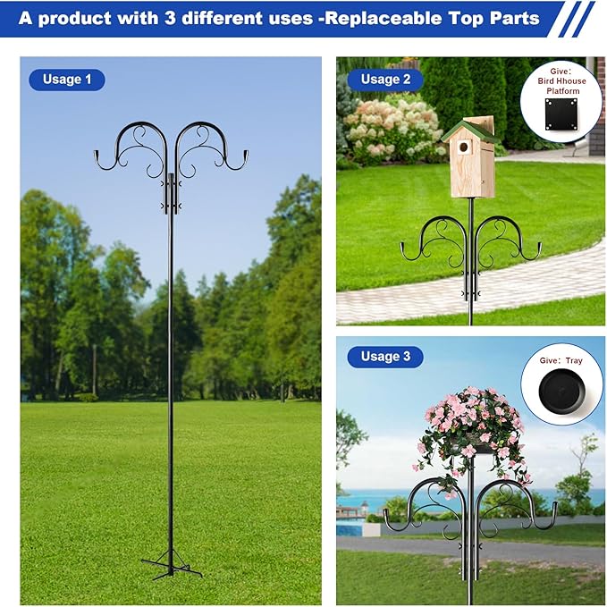 Double Shepherds Hooks for Outdoor Heavy Duty, Adjustable Shepherds Hook, 2 Pack 92 inch with 5 Prongs Base, Garden Hooks for Hanging Bird Feeders, Hanging Plants, Solar Light Lantern